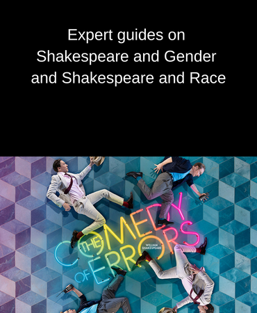 Looking up from above, 4 actors are dancing in a circle around the title The Comedy of Errors in a Royal Shakespeare Company production 